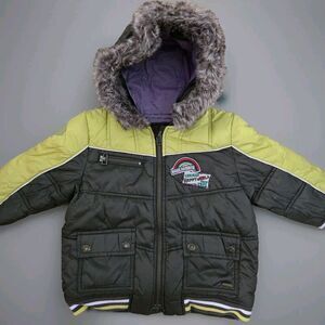 CATIMINI Coat Puffer Collar Fur Baby Boy Good Condition 2 Years‎ Yellow Green